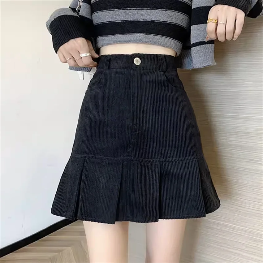 

Gowyimmes 2024 Spring Autumn Fashion Women High Waist Corduroy Skirt Girl Fishtail Skirt A-line Kawaii Skirts Harajuku Mini 172