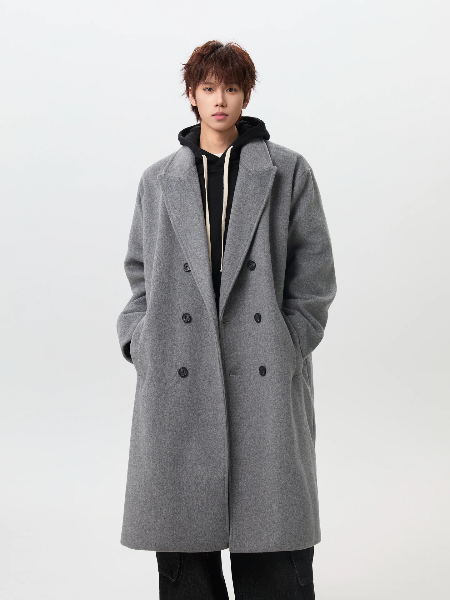 

Теплое шерстяное пальто молодежное, модное, с длинными рукавами, однотонное, мужское, осенне-зимнее, брендовое, для пар, повседневное, свободного кроя