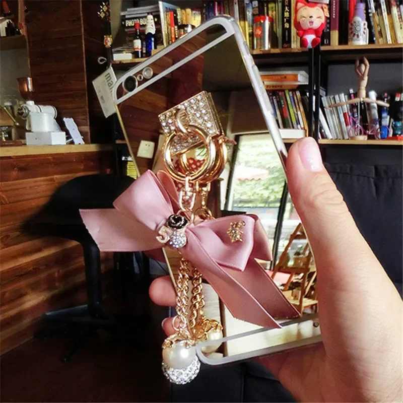 Soft Mirror Phone Case Cover, Luxury Bling, Diamond Rhinestone, Bowknot Pendant, for Samsung S23 Ultra, S24, S21, S22, Note20
