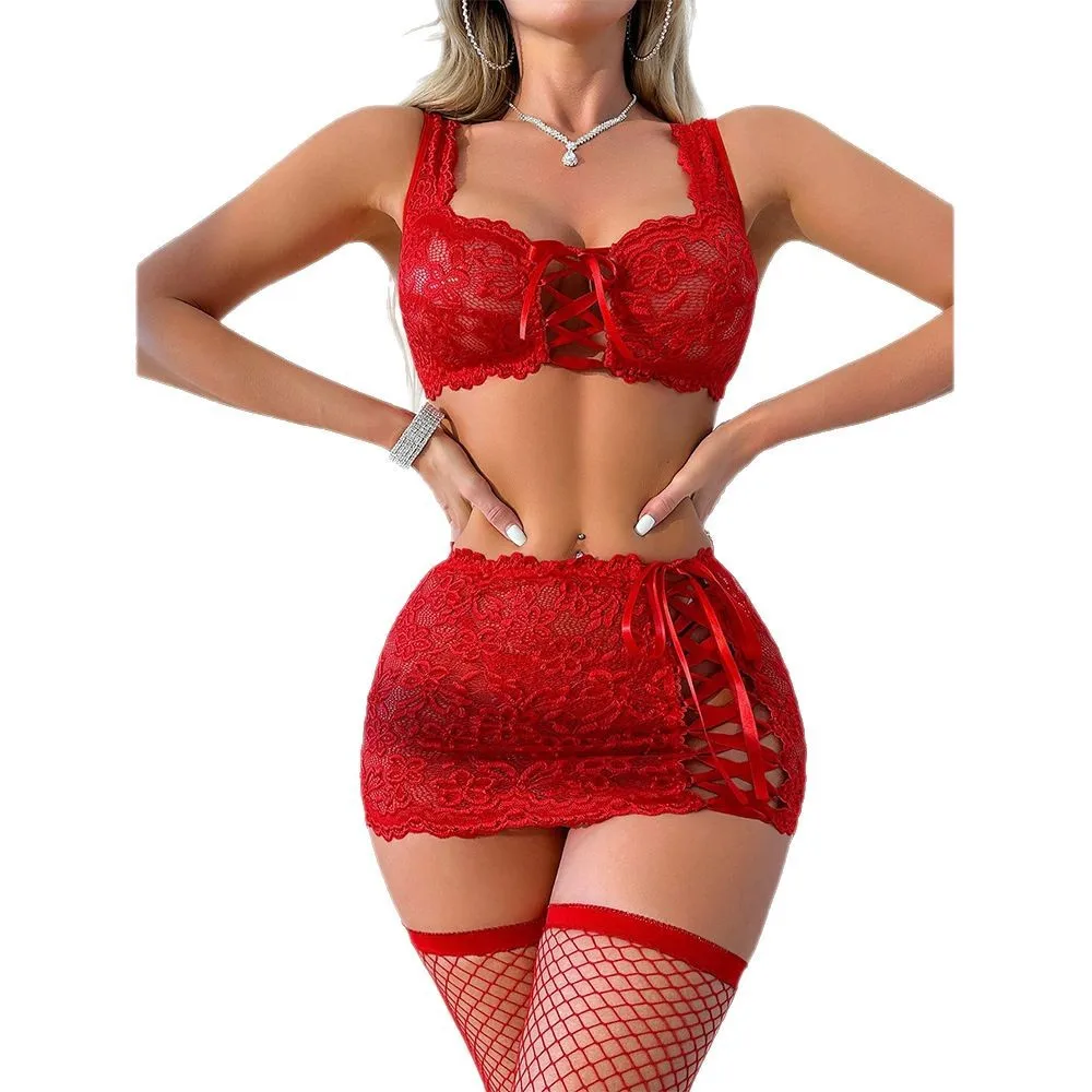 

Erotic Lace Lingerie Set Sheer Mesh Skirt Bra Thong 3PCS Bondage Straps See Through Nightwear for Honeymoon Valentine's Day