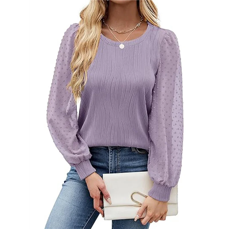 

ABRT-Fall Long Sleeve Shirts For Women Blouses Dressy Casual Crew Neck Puff Sleeve Tops Textured Knit T Shirts