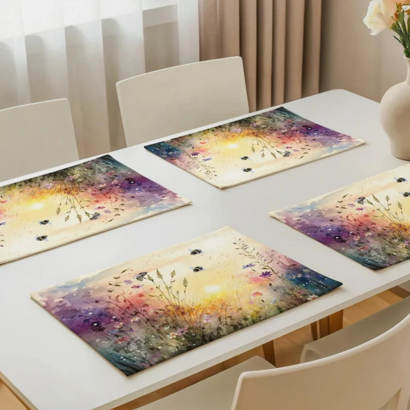VIKAMA2/4/6PCS Watercolor Bee Wildflower Meal Mat Polyester Linen Non slip Washable Table Mat Home Kitchen Decoration