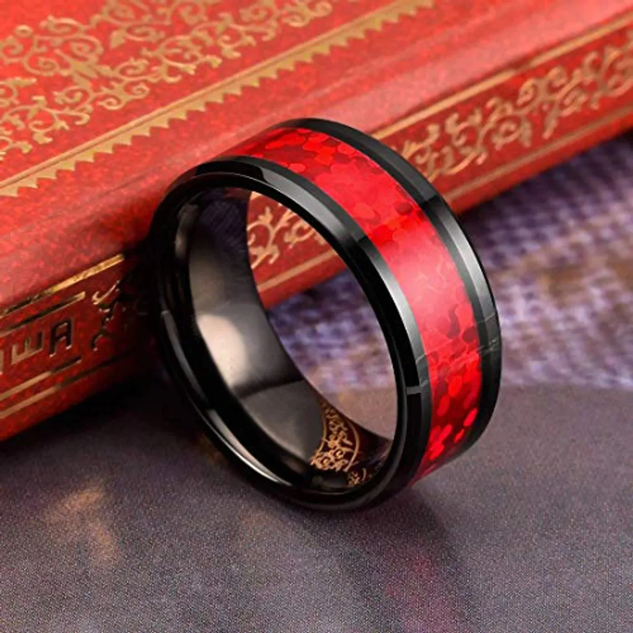 Fashion 8mm Men Black Stainless Steel Rings Inlay Imitation Red Opal Promise Rings For Men Women Wedding Band Jewelry Wholesale