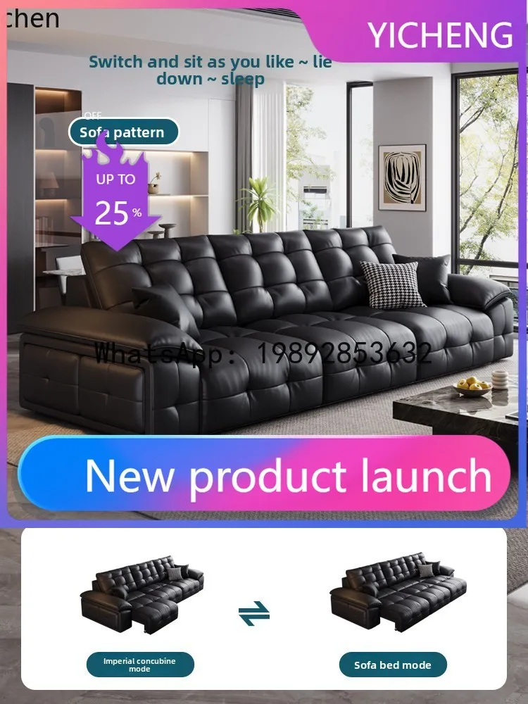 

modern simple multi-functional leather living room black pull point first layer cowhide retractable dual-purpose sofa bed