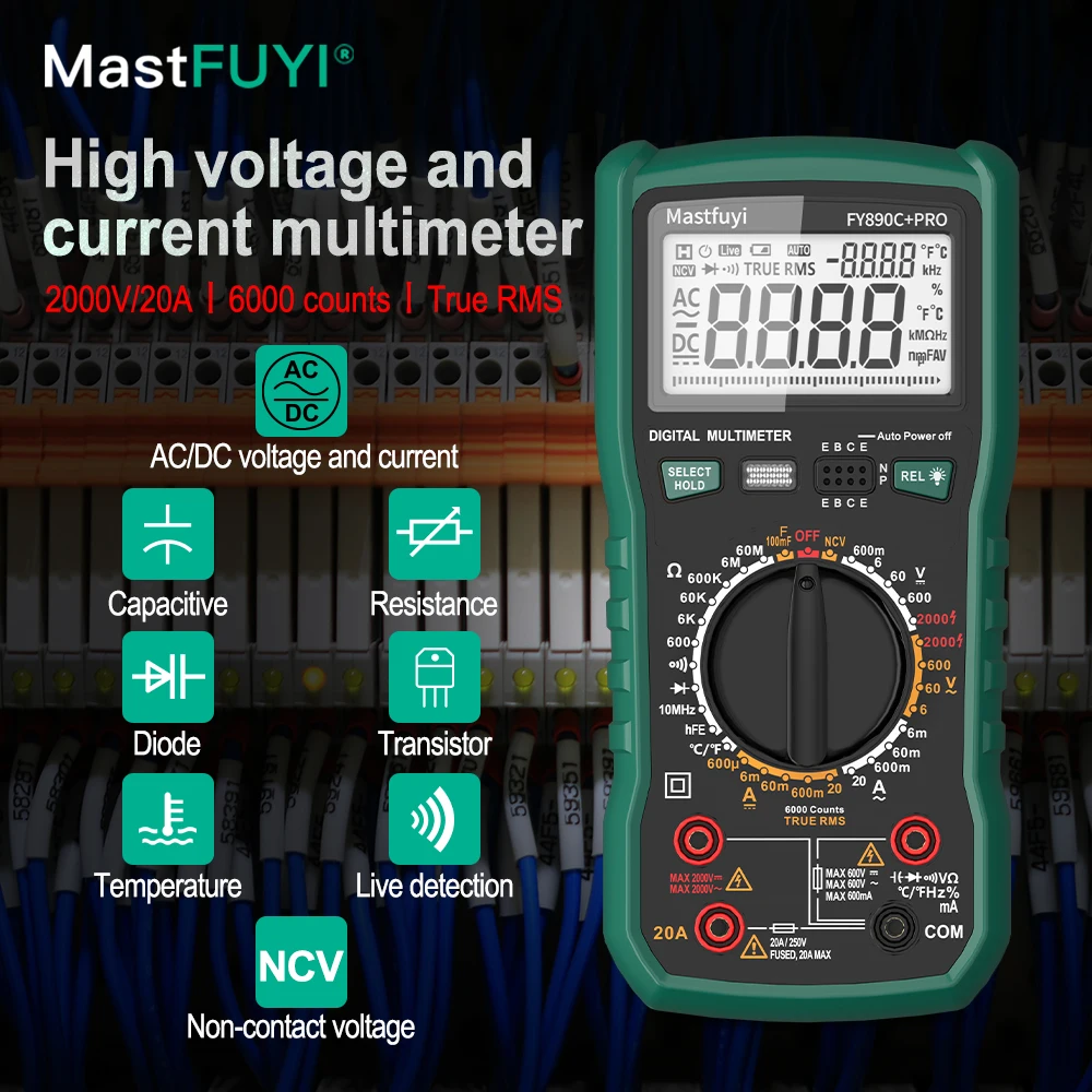 MASTFUYI Digital Multimeter 6000 Count 2000V 20A Ultra Large Range with True RMS Accurate Measurement Temperature Measurement