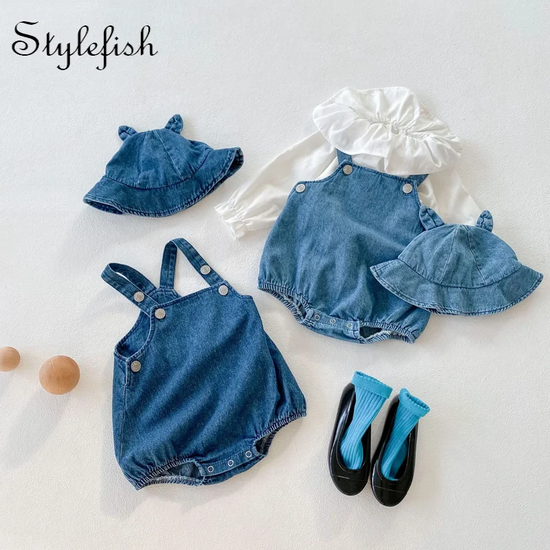 

spring baby romper suit baby boy and girls denim suspender romper + sun hat + top 3-piece suit optional