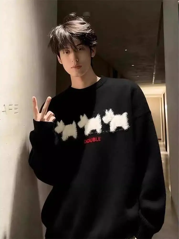 

Мужской свитер с вышивкой собаки, осенне-зимний, модный, брендовый, из имитации меха, вязаный, для пар, повседневная верхняя одежда