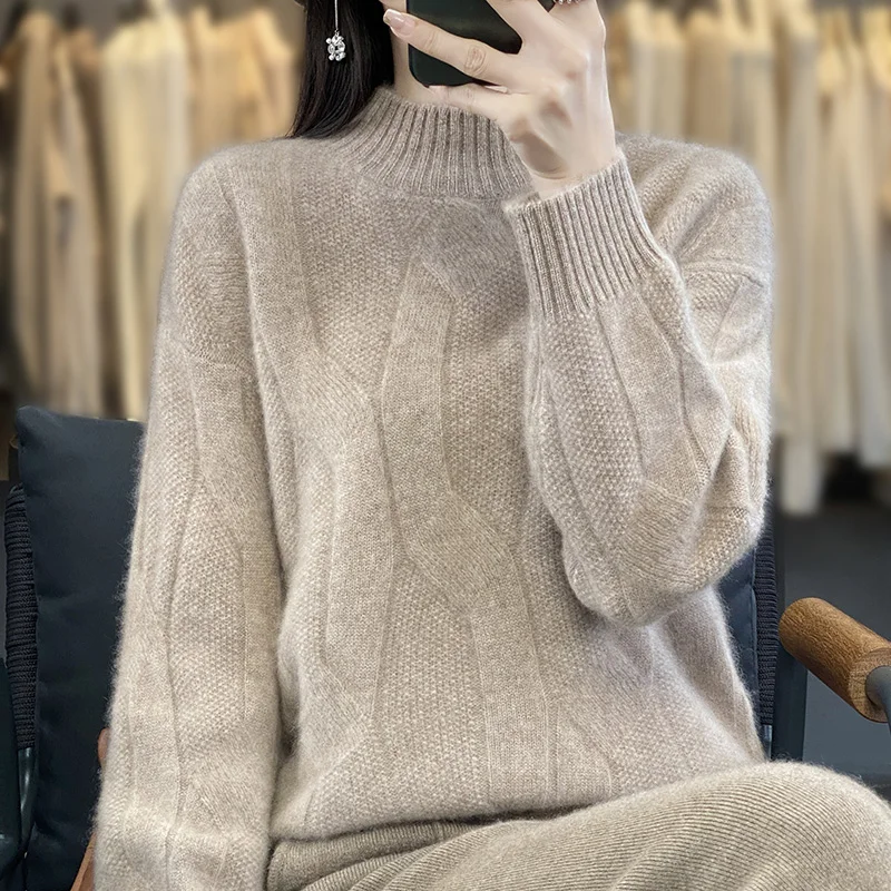 Women\'s Soft Wool Sweater Half-high Collar Twisted Thickened Pullover Autumn Winter Casual Basis Top Cashmere Female Knitwear