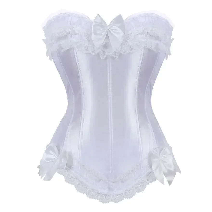 Satin Overbust Corset Top Women Gothic Victorian Lace Up Zip Overbust Bustier with Bowknot White Bridal Lingerier