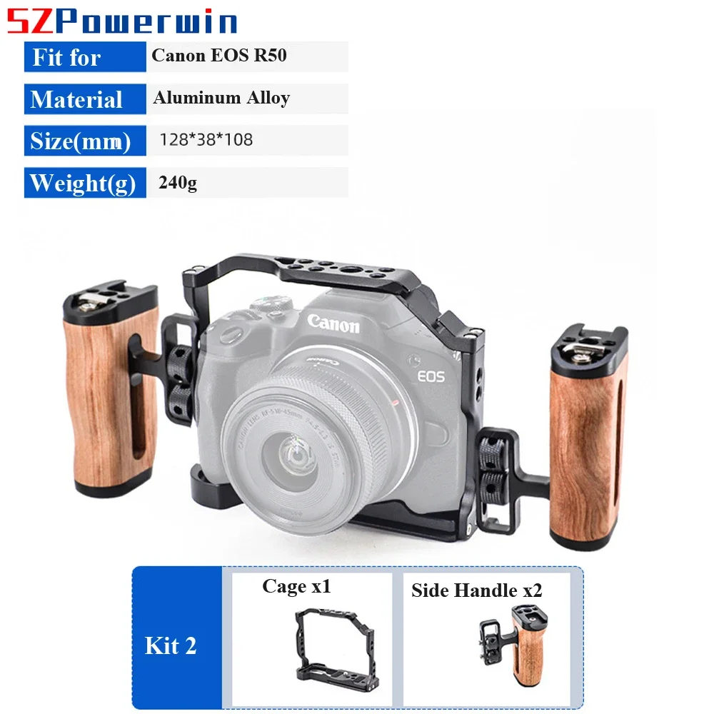 Powerwin For Canon EOS R50 Camera Cage with wooden Handle Kit Aluminum Alloy Multifunctional Arri Locating Screw