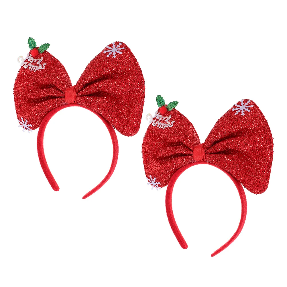 

2Pcs Cute Christmas Bow Headband Happy New Year Headdress Holiday Hair Accessories Sequin Snowflake Design Xmas Girls