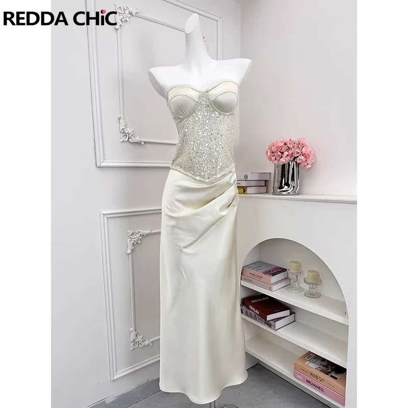 

ReddaChic Women Tube Top Satin Skirt Set Glitter Hollow Boned Corset Bodycon Fishtail Maxi Long Skirt Evening Formal Clothes