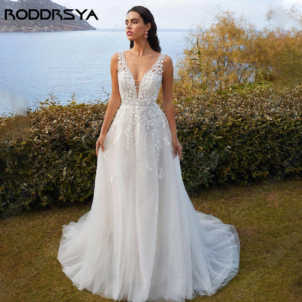 RODDRSYA Modern Wedding Dresses For Woman Sleeveless Sexy Backless A-Line Bride Gown Lace Applique Sweep Train vestidos de novia