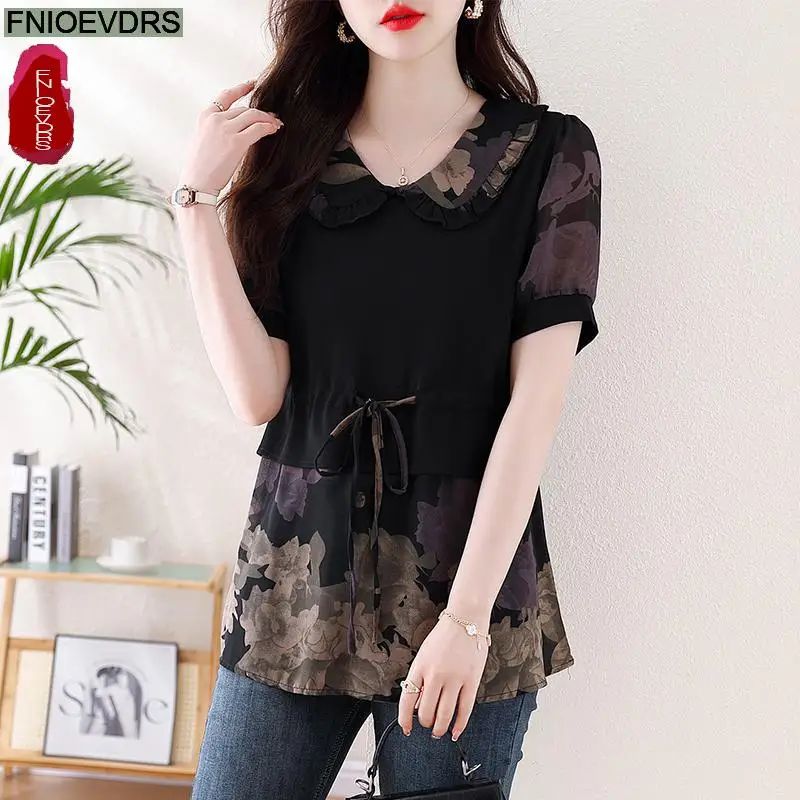 L-5XL 2024 Peter Pan Collar Tops Women Basic Wear Office Lady Short Sleeve Fashion Retro Vintage French Design Shirts Blouses