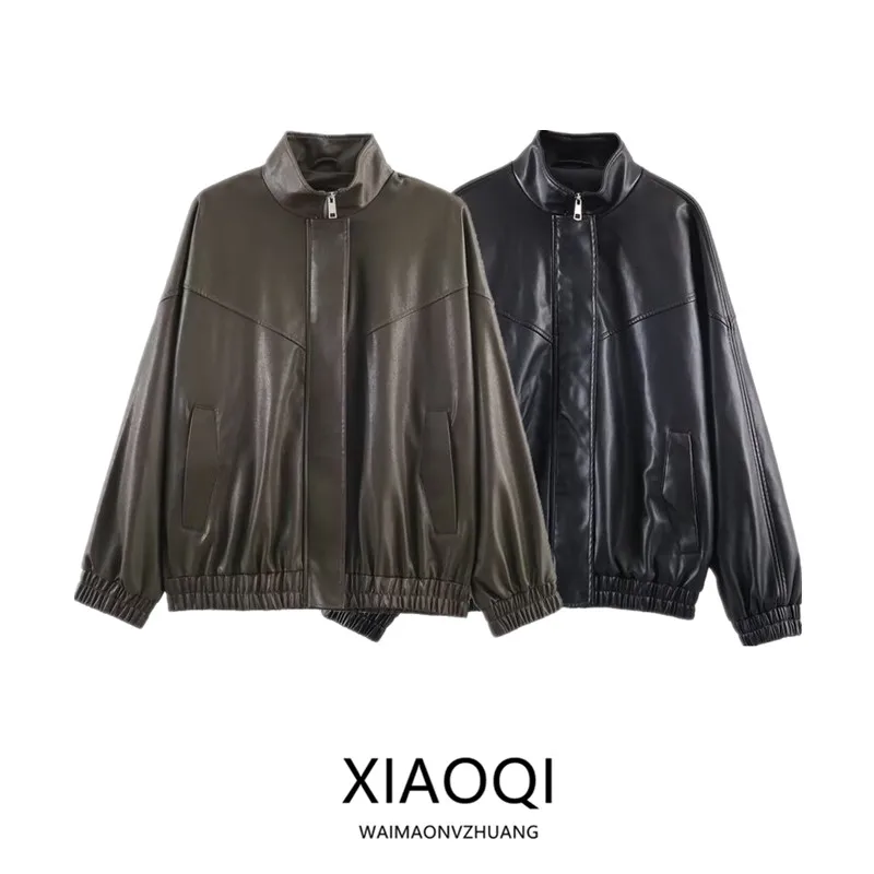 Winter 2025 Women's Long Sve Stand Collar Faux Leather Pilot Jaet Outerwear New Arrival Commute Sle Zipper Closure
