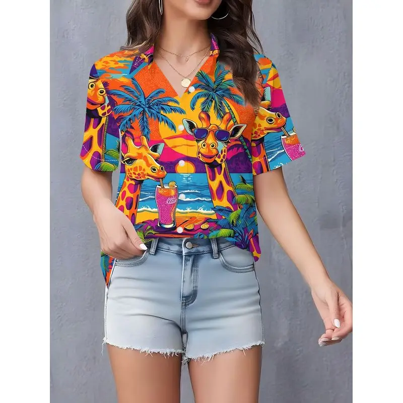 Women's Lapel Short Sleeve Shirt Palm Tree Giraffe Print Loose Fit Tunic Top Home Vacation Commuting Machine Washable Spring Sum