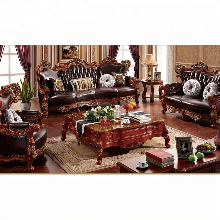 High Quality Traditional European Wooden Sofa Set With Genuine Leather Quality Brown Design For Workshop Basement Application