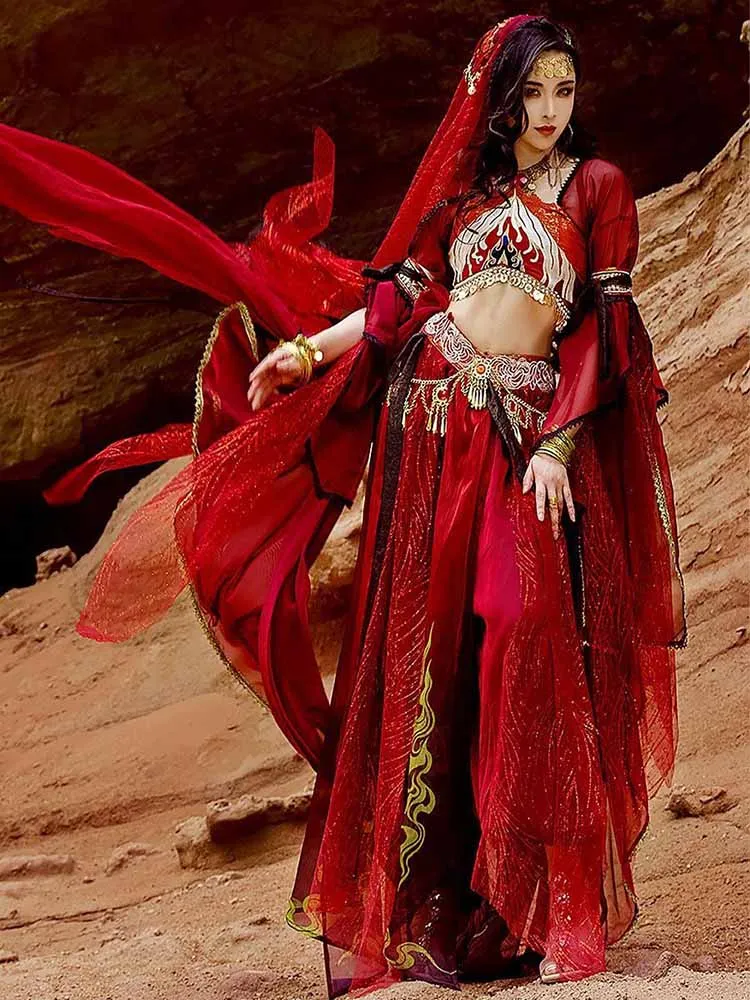 2025 new Festival Arabian Princess Cosplay Costume Women Indian Belly Dance Dress Hanfu Red Set Party Halloween Cosplay Coustume