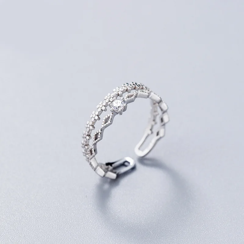 Korean Trendy Floral Zircon Double Layers Open Ring for Women Geometric Cross Cuff Rings Bride Engagement Wedding Ring Jewelry
