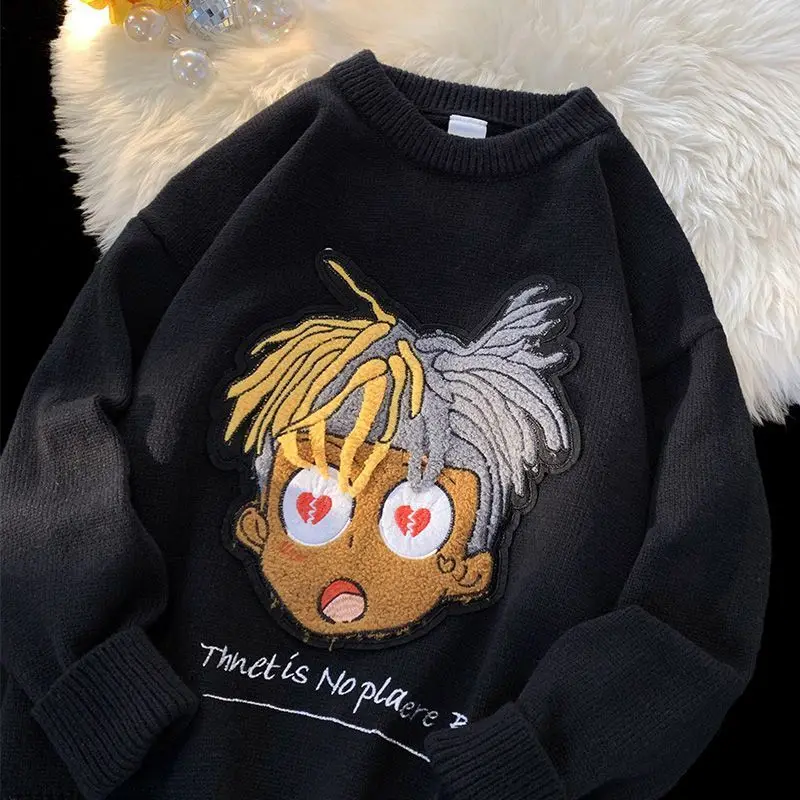 America Hip Hop Sweater Women Winter Loose Outer Wear Cartoon Animation Embroidery Sweater New Vintage Long-sleeved Pullover