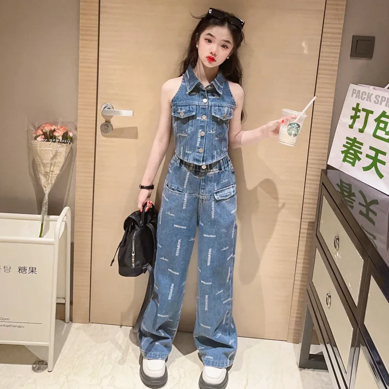 

summer teenage girls clothes set Vintage halter top+high waist wide leg jeans pants 2pcs kids girl outfits Denim suit 8 12 14 15