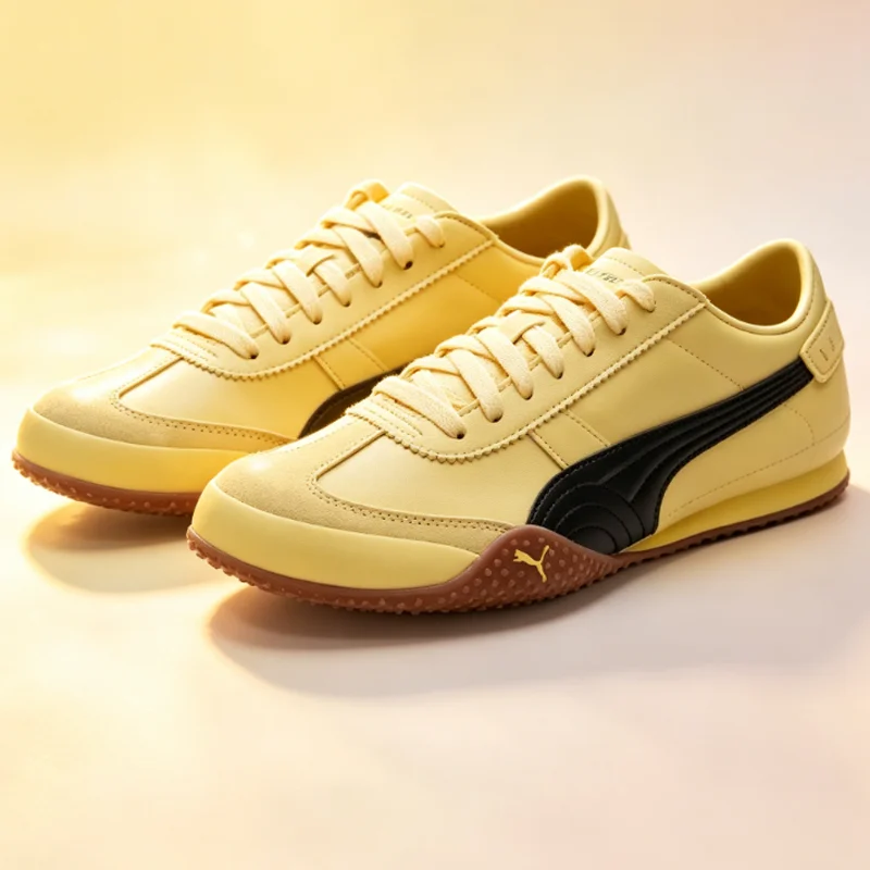 

Pale Yellow Leather Puma Women Retro Racing Shoes Ladies Black Stripe Dark Gum Sole Bright Minimalist Vintage Casual 405256-07