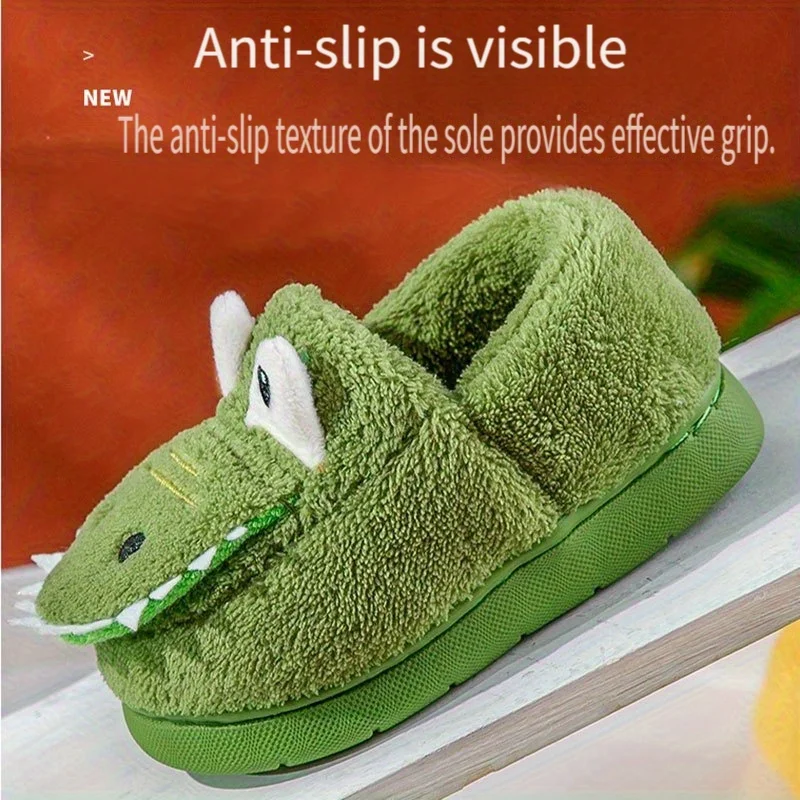 Cute green plush slippers with dinosaur cartoon pattern, suitable for toddlers, boys and girls, indoor home shoes, slip-on desig