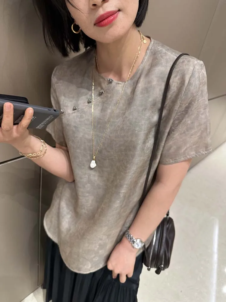 

Ele Retro round Ne Side Button Dyed k Pattern Silk Chiffon Improved Lightweight National Sle Top Women's Clothing