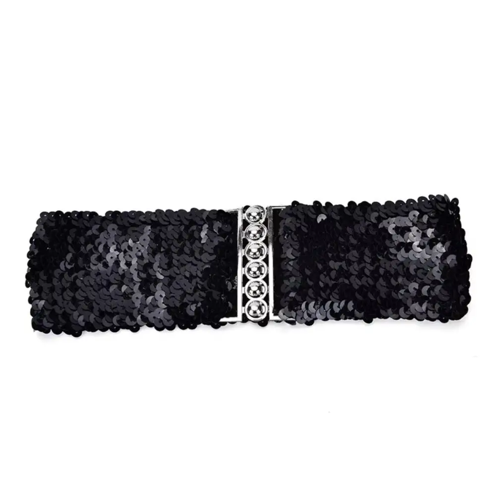 Sparkling Sequined Wide Corset Belt Wide Elastic Metal Buckle Sequin Elastic Cummerbunds Decorative Stretch view 3