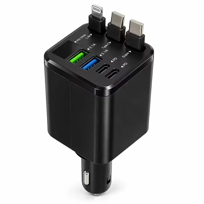 Retractable Car Charger 7-in-1 USB C Car Charger Adapter with 3 Cables Super Fast Car Charger for iPhone 18 17 16 15 14 13 Pro Max XR, iPad, Samsung