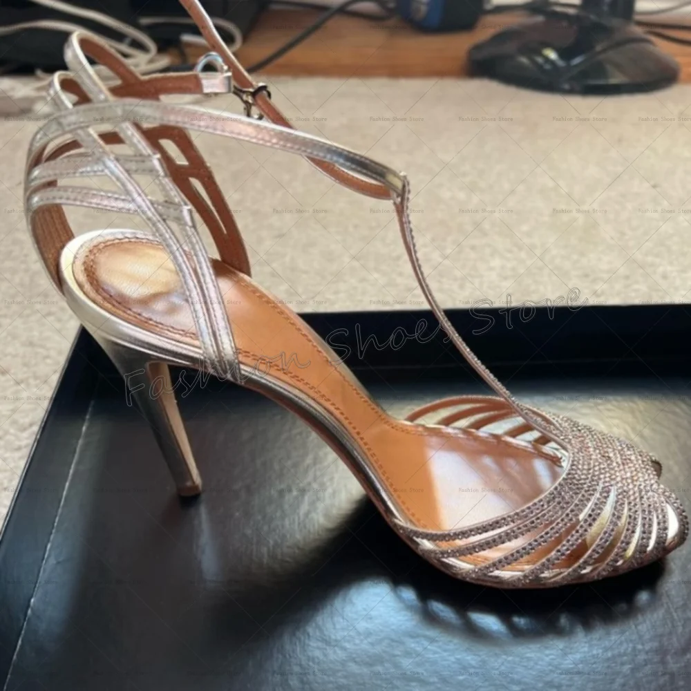 

Silver T-strap Hollow Out Crystal Sandals Open Toe Women Shoes Stilettos High Heels Party Banquet Dating 2025 Zapatos Para Mujer