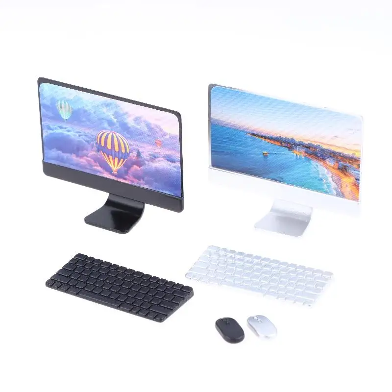 Dollhouse Mini Laptop Computer Keyboard Mouse Kit Dollhouse Office Study Room Decor Accessories Micro Scene Pretend Play Toys