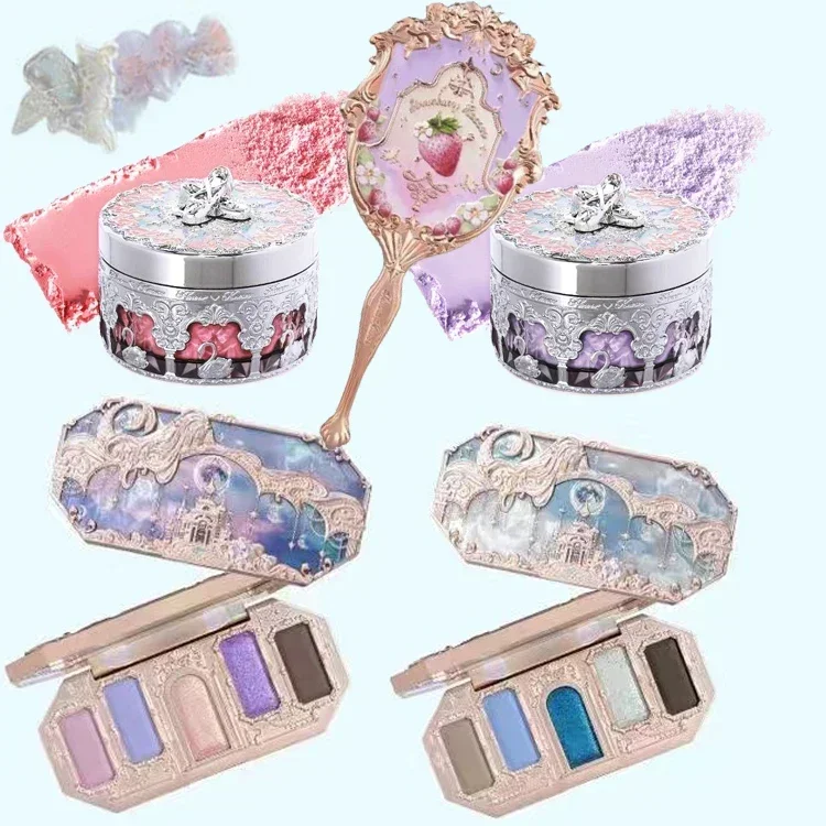 

Flower Knows Makeup Set Mermaid Eyeshadow Palette Matte Swan Setting Powder Strawberry Violet Mirror Hair Clip 4Pcs Kit