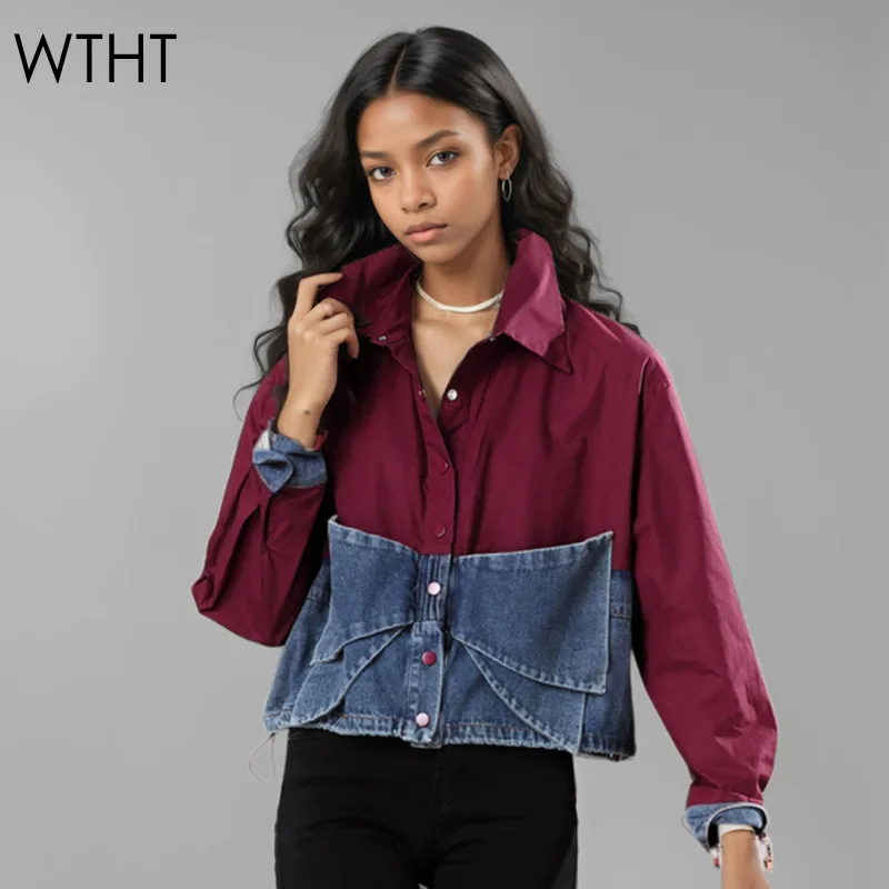 WTHT Fashion Women's Patchwork Denim Bows Wrinkled Design Shirts 2024 Winter Long Sleeves Short Blouse Female 1LS409