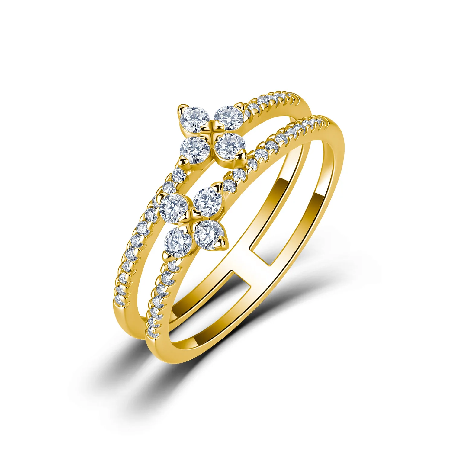 Two‑Row Paved Moissanite Band Ring S925 Silver 18K Gold Plated Stacking Engagement Ring For Ladies