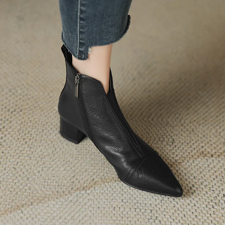 2023New SheepskinHeel Temperament Women's Short Boots Fashion Boots Small Fragrant Side Zipper Slim Boots Commuter Leather Boots image 2
