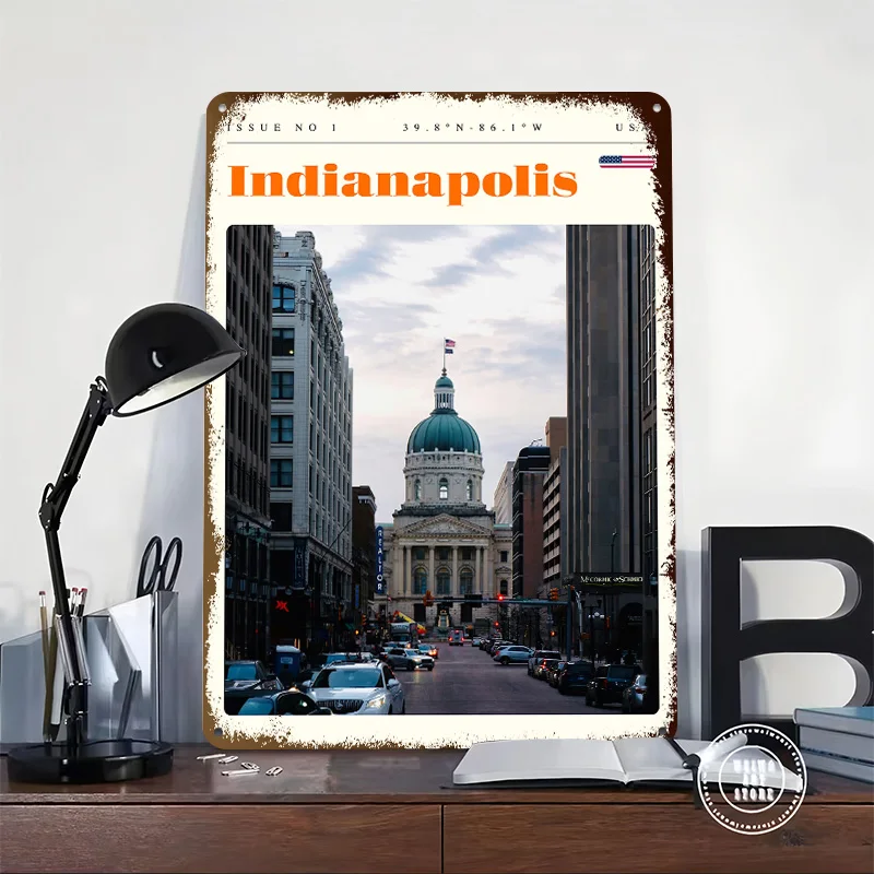 Indianapolis Indiana Travel Tinplate Poster Custom Wall Art Vintage Metal Signs Retro Tin Plaque for Room Decoration Desk Decor