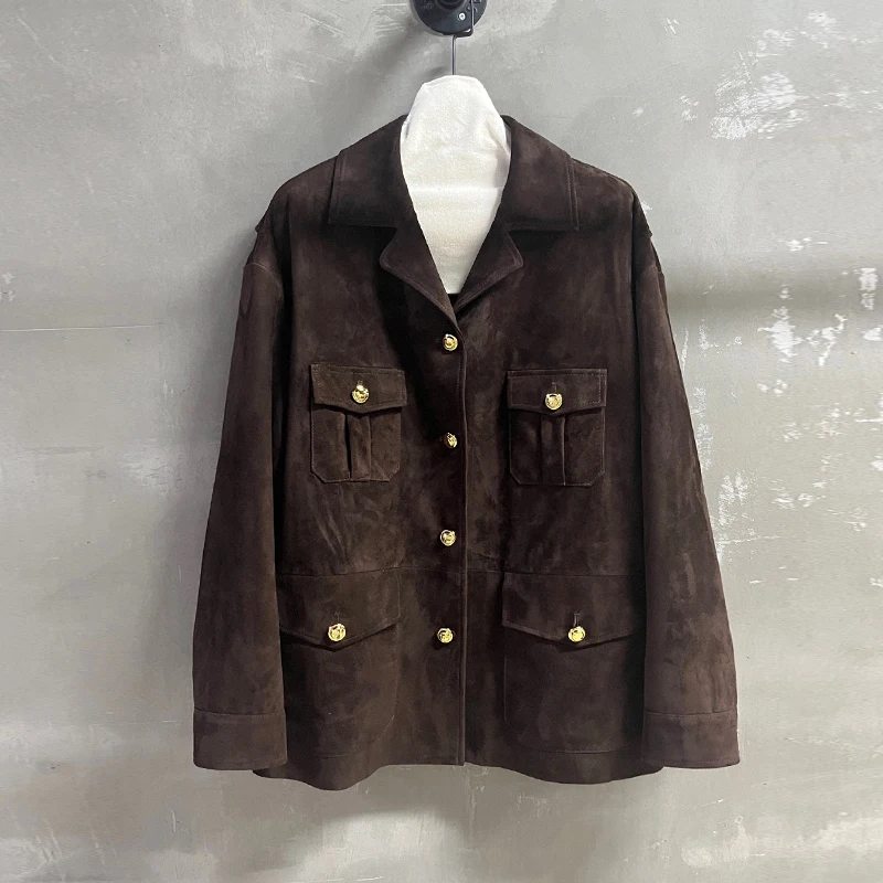 Hohe Luxus Importiert Kid Wildleder Frauen Echt Leder Blazer Jacke Klassische Revers Weibliche Taschen Beiläufige Lose Sheepksin Blazer Mäntel