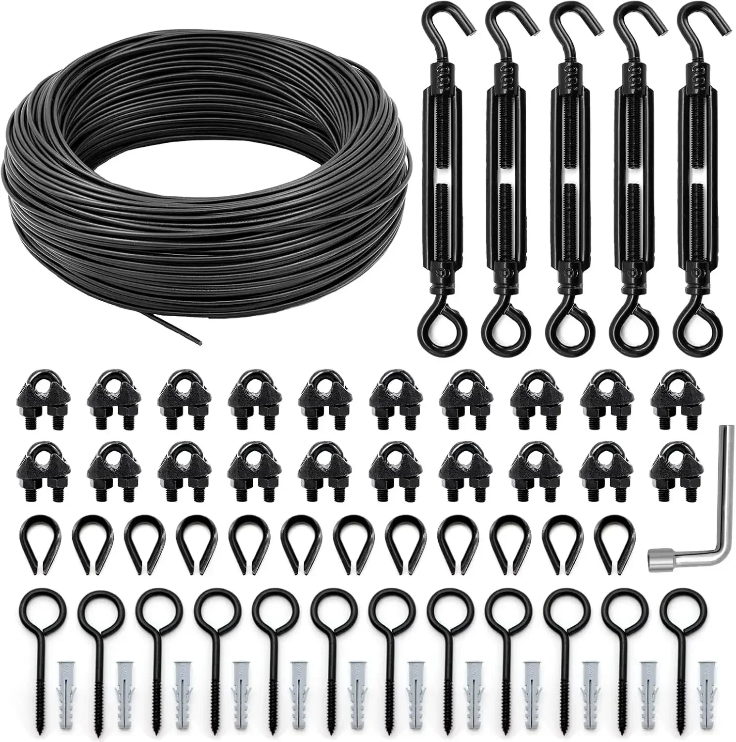 

String Light Hanging Kit, Full Black Globe String Lights Suspension Kit w/ 164FT PVC Coated Steel Cable & Enough Accessories