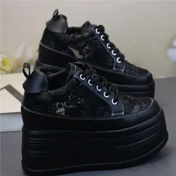 Trendy Women's Vulcanize Shoes with 12cm Platform and Pink Lace High Heels for Petite and Plus Size Feet