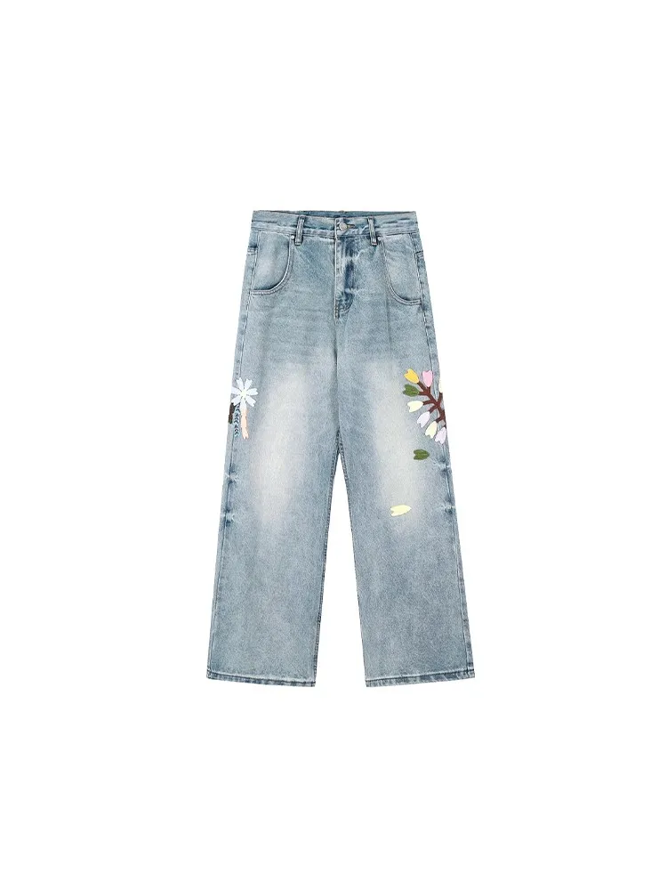 Vintage Floral Embroidery High Waist High Street Blue Straight Jeans Pants Fashion Women's Wide Leg Baggy Denim Trouser Y2K
