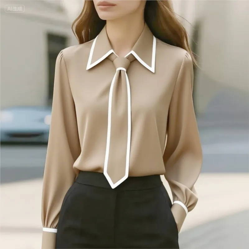 

Elegant Fashion Women's Blouse Shirt 2025 Solid color Bow Tie Long-sleeved Tops Slim-fit Workwear Office Lady Commuting Outfits