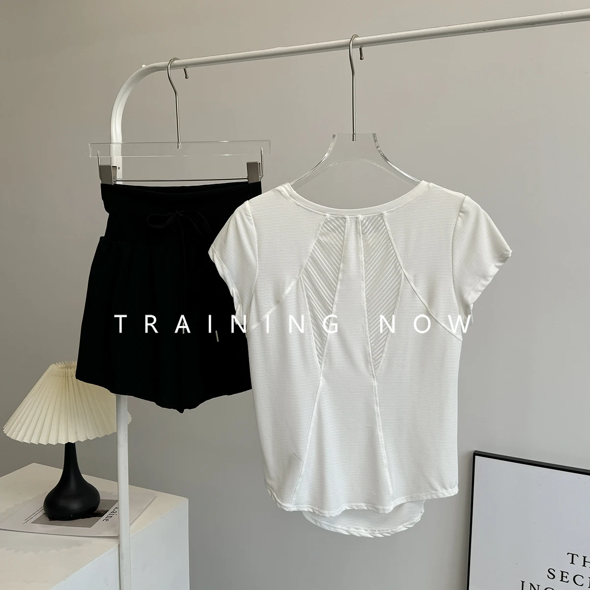 

Женский тренировочный костюм для утреннего бега, летняя мода, свободный дышащий быстросохнущий спортивный костюм для йоги с короткими рукавами для занятий спортом на открытом воздухе