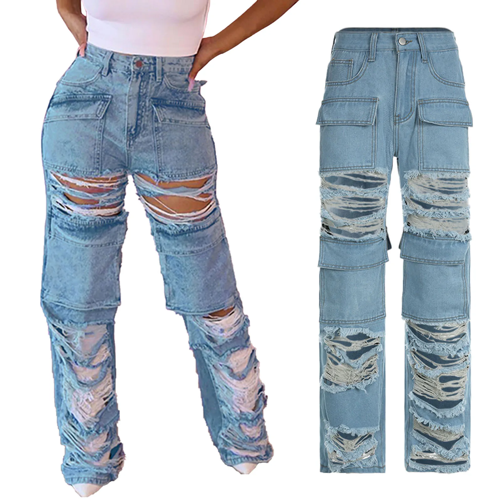 

Women's Fashion Pocket Stitching Hollowed Out Hole Beggar Style Street Casual Straight High Waist Jeans Leisure Outfits Joggers