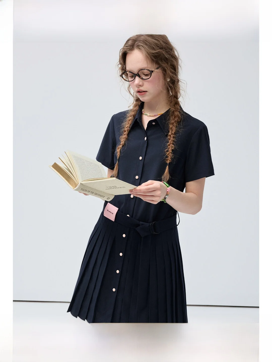 

plus Size Women's Shirt Dress Stand Collar A-Line Short Skirt Summer Slim Fit MM Short Sleeve Dress Gathered Pleated Skirt