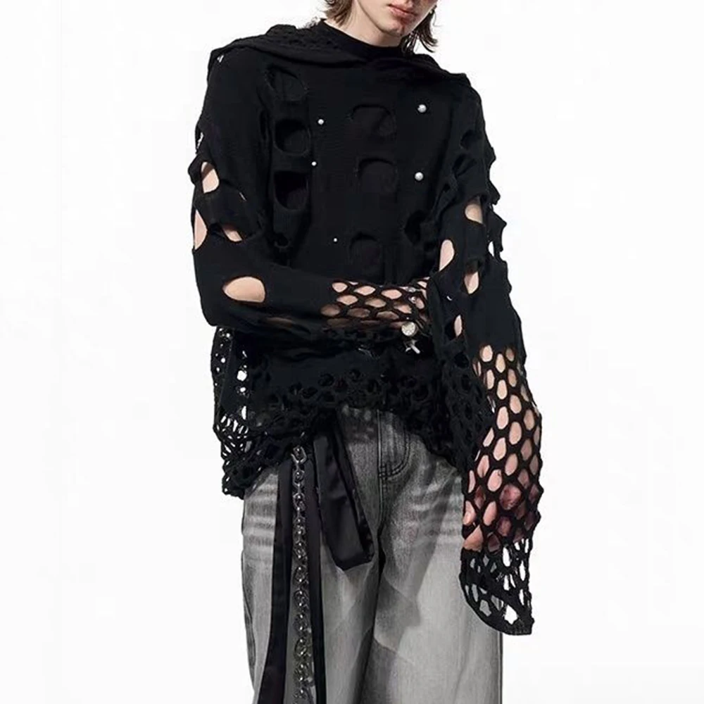 

Mens hooded t-shirt mesh hollow outerwear t-shirt streetwear fashion pearl decoration long sleeve top men's clothing 2025 new