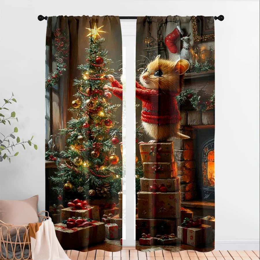 2PCS Digital Print Christmas Curtains, Hamster Red Sweater Decorating Tree Fireplace, Cute Warm Window Drapes for Holiday Decor