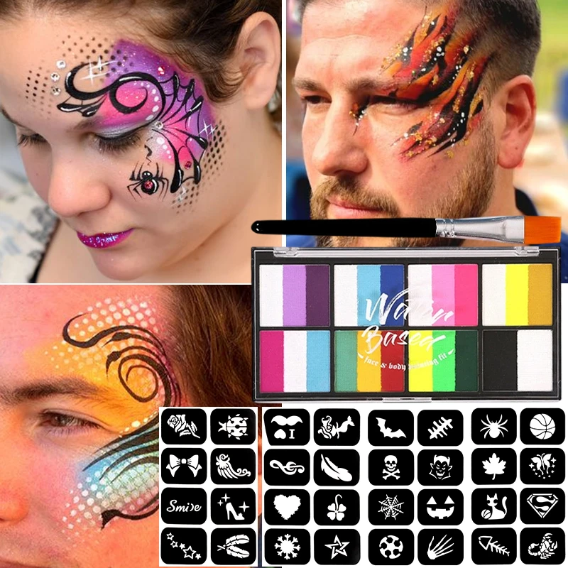 브러쉬 스텐실이 포함된 듀얼 톤 수성 페이스 & 바디 페인트 팔레트, 할로윈, 크리스마스를 위한 무독성 바디 페인트 팔레트 메이크업