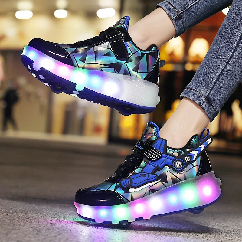 YUNICUS Led Light Roller Skate Shoes for Children Kids Led Shoes Boys Girls Shoe USB Charging Black Two Wheels Luminous Sneakers