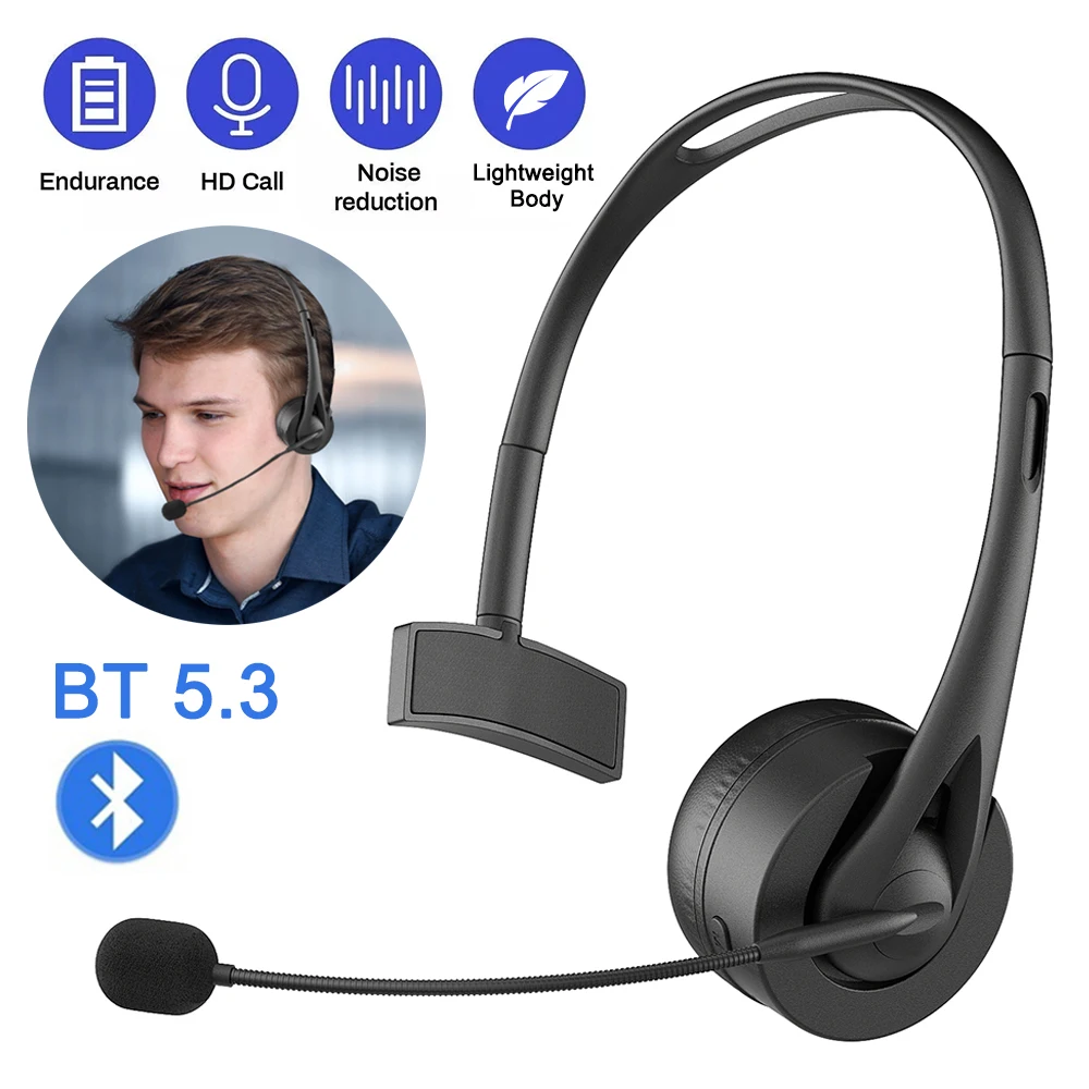 سماعة بلوتوث V5.3 سماعات رأس لاسلكية لسائقي الشاحنات بدون استخدام اليدين مع ميكروفون لمكتب مركز الاتصال بعمر 1 ساعة وعمر طويل